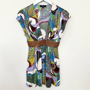 Sky Peacock Print Leather Braided Belt Silk Top